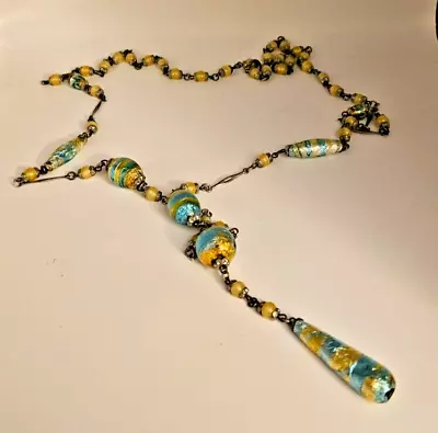 Murano Foiled Glass Bead Necklace 1920's Glows Under Black Light • $60