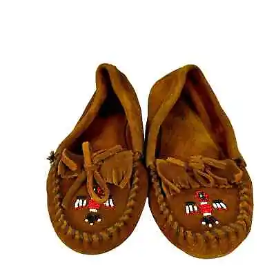 MINNETONKA Kiltie Brown Suede Moccasin  Loafers Beaded Thunderbird Size 8 • $24.99