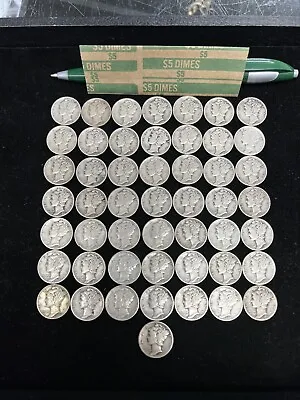 FULL DATES Roll Of 50 $5 Face Value 90% Silver Mercury Dimes Mixed Dates • $71
