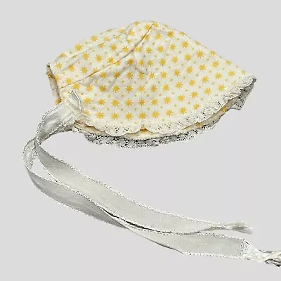 Antique Doll Bonnet Bisque Porcelain Yellow Off White Polka Dots French German • $5.99