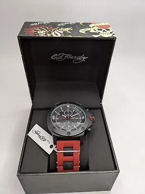 Ed Hardy Chronograph Watch Matte Black Maroon Red Band NIB Timepiece  • $49.49