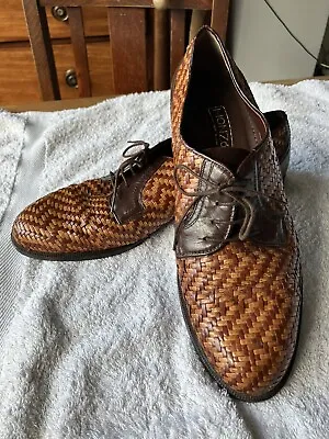 Men’s Hand Crafted Woven Leather Oxfords Basket Weave Lace Up Shoes Vintage 42 • £70