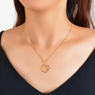 Personality Gold Chain Colorful Rhinestone Round Hollow Yin Yang Charm Necklace • $1.97