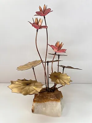 Vintage Brutalist Metal Pink Lotus Flower Gold Leaves On Rock MCM Sculpture READ • $68.50