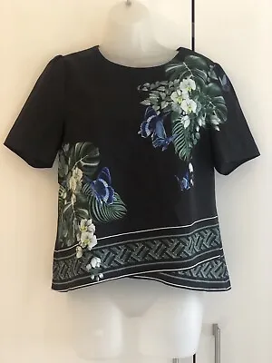 Oasis Womens Short Sleeve Back Exposed Zip Black Floral Print Top - UK 10 • £10