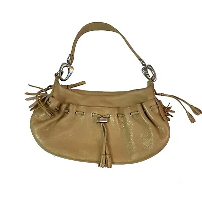 Vintage 100% Leather Tan Hobo Purse Fringe Chunky Hardware Tassels • $20