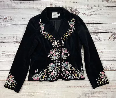 Moschino Black Velvet Floral Embroidered Blazer Jacket Womens Size 6 Boho Vtg • $119.99