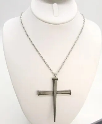 3  Lacquered Dark Metal Square Nail Cross/24  Textured Silver-T Chain Necklace • $9.99
