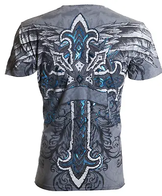 Archaic Affliction Men's T-Shirt Short Sleeve RED FLAG Cross Biker Grey • $23.95