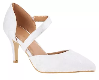 Womens Ivory Lace Low Kitten Heel Pointed Full Toe Strappy Bridal Wedding Shoes • £19.99