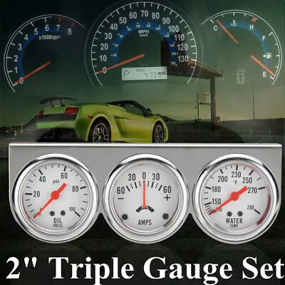 2  52mm Oil Pressure Amp Meter Water Temp Triple Gauge 3 In 1 Set Chrome Panel • $39.99