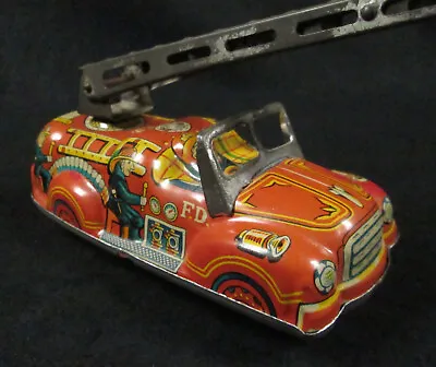 Vintage 1950s MARUSAN Japan Friction FIRE LADDER TRUCK Pressed Steel Litho • $84.56