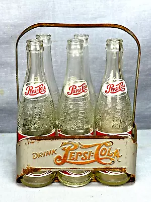 Vintage Pepsi-Cola Six Pack Carrier 1940's Metal Carrier W/Orig Six Bottles • $21.86
