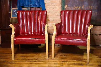 Vintage Art Deco Club Lounge Chairs Vinyl Oxblood Red Armchair Nailhead Trim • $1137.50