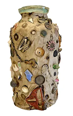 Memory Jar Jug Crock Handmade Keepsake Glass Buttons Chain Picture 9 In Tall Vtg • $134.85