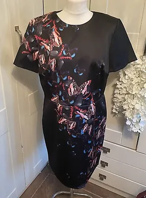 SPOTLIGHT BY WAREHOUSE Black Butterfly Print Dress Heavy Satin Size 18 Fit 16 • £12