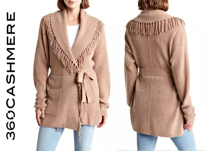 360 Cashmee Alissa Fringed Wool-Cashmere-Blend Cardigan In Vicuna Color XS  $550 • $229.99