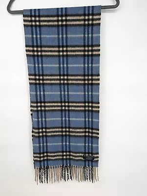 Vintage Burberry Unisex One Size Blue Plaid 100% Cashmere Scarf With Fringes • $62.95