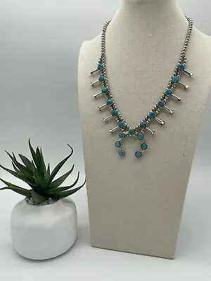 Vintage Southwestern Petite Squash Blossom Turquoise Necklace Sterling Silver  • $399.99