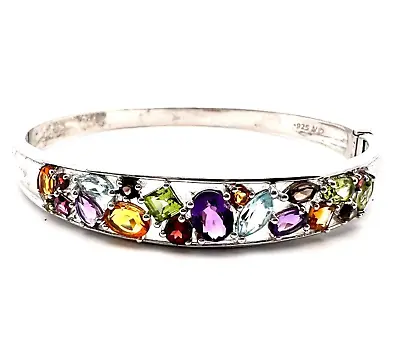 925 N Sterling Silver Multi Gemstone Hinged Bangle Bracelet-7 -22.3 Grams-A2391 • $124.99