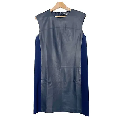 Vince. Womens Size 6 Blue Marine Leather Block Shift Dress Lambskin Leather • $149.99