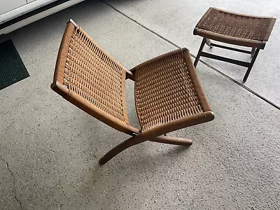 VTG Folding Rope Lounge Chair & Ottoman Style Hans Wegner Mid Centry Modern • $525.99