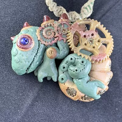 Steampunk Chameleon Lizard Pendant Polymer Clay Handmade Gears Macrame Necklace • $17.99