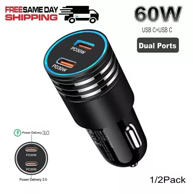 60W Dual USB-C Type-C Port PD Car Charger Adapter For IPhone 15 14 13 12 Pro Max • $13.69