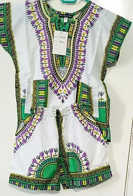 £15.99 • Buy African Kids Dashiki (White Green) Ethnic Dashiki Boys-Girls Shirt-Short Sets