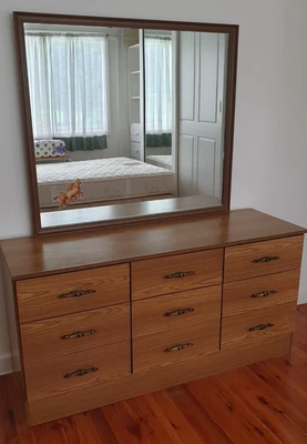 $50 • Buy Retro 1970's Bedroom Suite Mirrored Dresser, Bedhead & 2 Side Tables 3 Drawers