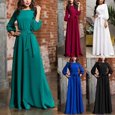 Women Long Sleeve Maxi Dress Solid Party Evening Cocktail Ball Gown Dress W/Belt • £19.96