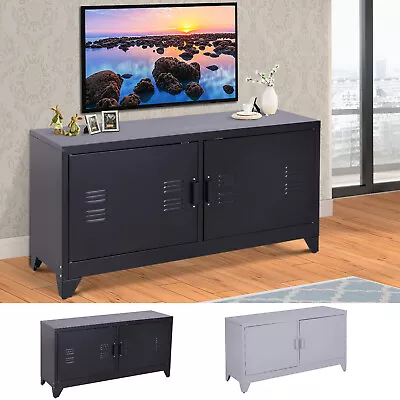 Industrial TV Cabinet Stand Media Center Steel Shelf Doors Storage System • £83.99