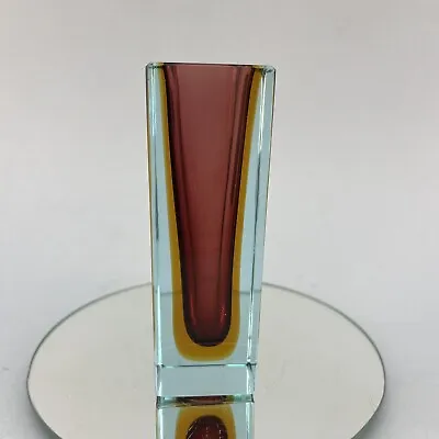 Mid-Century Modern Red Gold Murano Sommerso Art Glass Square 4.5” Vase Italy • $46.50