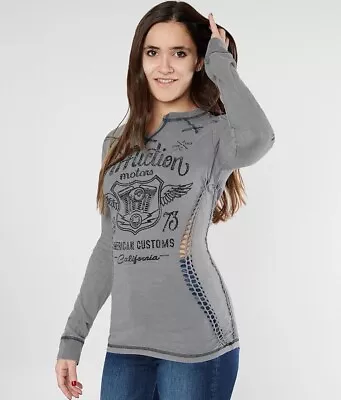 Affliction Women's CALIFORNIA MOTORS Long Sleeve Rhinestone Graphic T-shirt NWT • $73.02