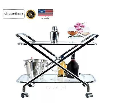 Modern Shape Tea Wine Coffe Dinner Bar Cart Glass Bottom Durable Chrome Frame  • $168.30