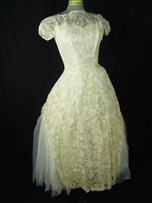 SEARS Vtg 50-60s Ivory Lace Tea Length Wedding Dress/Headpiece/cuffs-Bust 32/2XS • $26.98