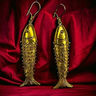 Antique 14k Gold Articulated Fish Earrings LARGE 68mm Victorian Oriental 6.1g • $1250