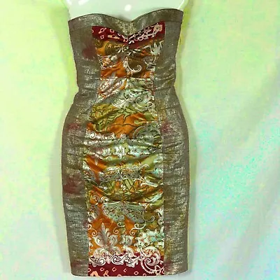 NICOLE MILLER Metallic Gold Red Orange Floral Silk Women Strapless Dress Size 0 • $100