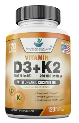 $16.97 • Buy Vitamin D3 5000IU & K2 As MK-7 200mcg With Organic Coconut Oil, 120 Veggie Caps