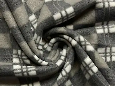 Printed Polar Fleece Fabric Material - GREY CHECKS • £1.99
