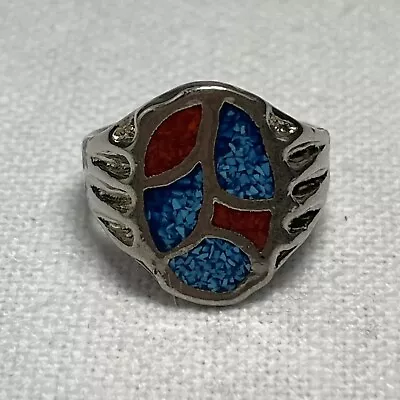 VTG Blue Turquoise & Red Coral Chips Silver Plated Ring Size 9.25 Men’s Navajo • $15