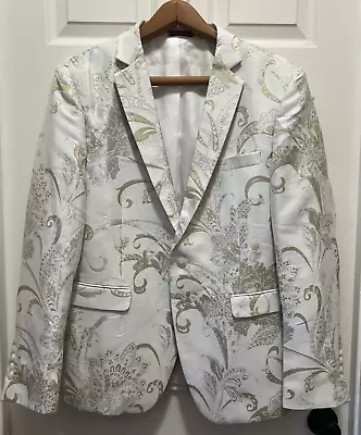 UNINUKOO Mens 40 R White Gold Floral Blazer Jacket Slim Fit Party Tuxedo Suit • $49.99