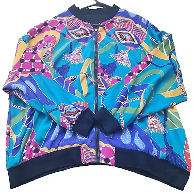 Vintage Hip Hop Baroque Silk Multicolor Art Design Bomber Jacket Reversible XL • $20.80