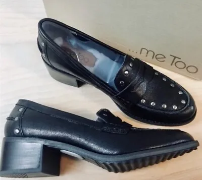 Me Too Black Goat Leather Silver Studded Loafers Sz 6 • $34.85