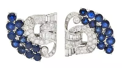 Cartier Mid-Century 13.92 CTW Sapphire Diamond Platinum Vintage Brooch Clips • $42650