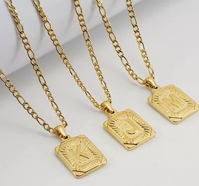 18K Gold Plated Square Capital Letter A-Z Monogram Pendant Figaro Chain Necklace • $20.31