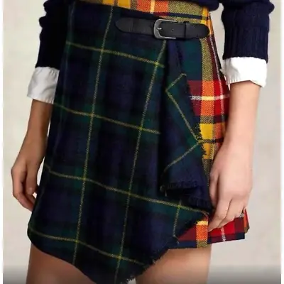 Polo Ralph Lauren Plaid Wool Cow Leather Pleated Kilt Mini Skirt US Women's 2 • $200