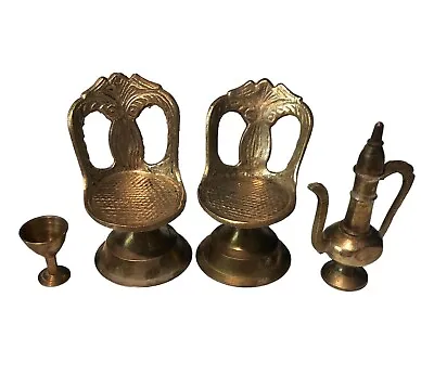 VTG Miniature Dollhouse 4 Piece Set Brass Ornate 2 Chairs Goblet Teapot India • $9.99