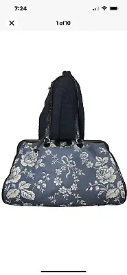 Brighton Carpet Bag Blue Rose Floral Bow Tapestry Leather Overnight Mary Poppins • $125