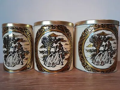 Tin Canister Nesting Set Of 3 Vtg Gold -Tone Flour Tea Medieval Couple Embracing • $35